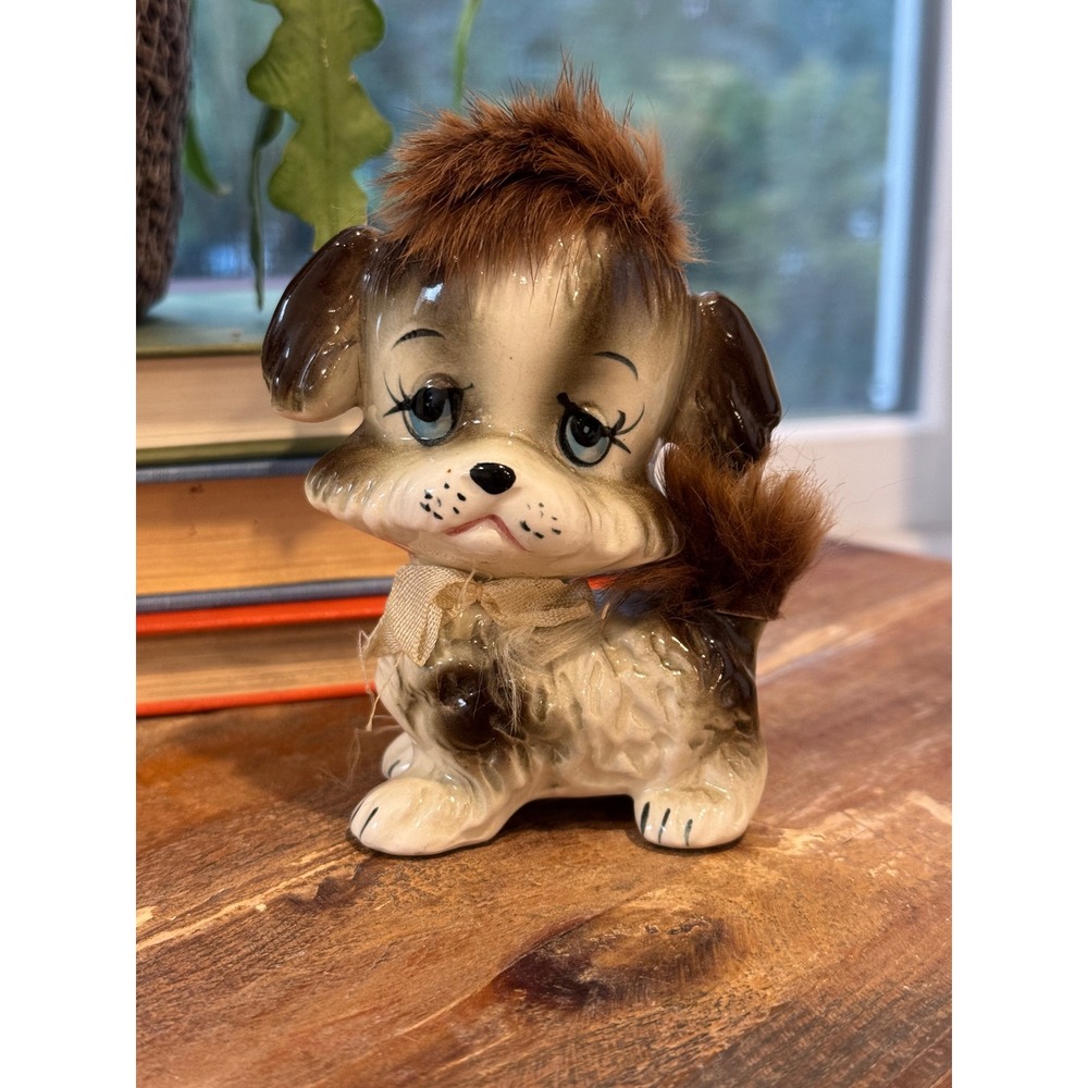 Vintage Ceramic Dog Figurine Sad Eyes Puppy with Real Fur Hair and Tail Brown